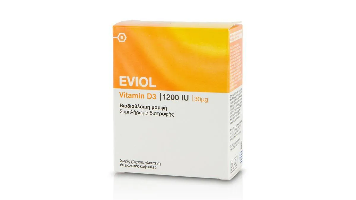 Eviol Vitamin D3 1200IU Συμπλήρωμα Διατροφής για τη Φυσιολογική Λειτουργία των Οστών των Δοντιών και των Μυών 30μg 60 caps