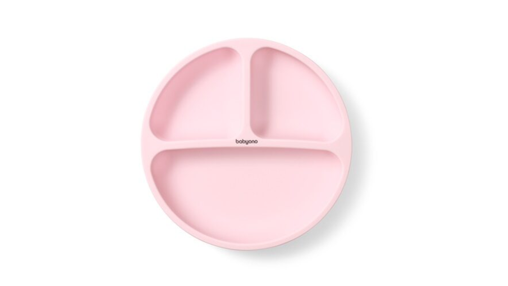 BabyOno  Πιάτο Σιλικόνης με Βεντούζες και Χωρίσματα +6 μηνών Ροζ
